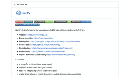 Screenshot of the numpy README.