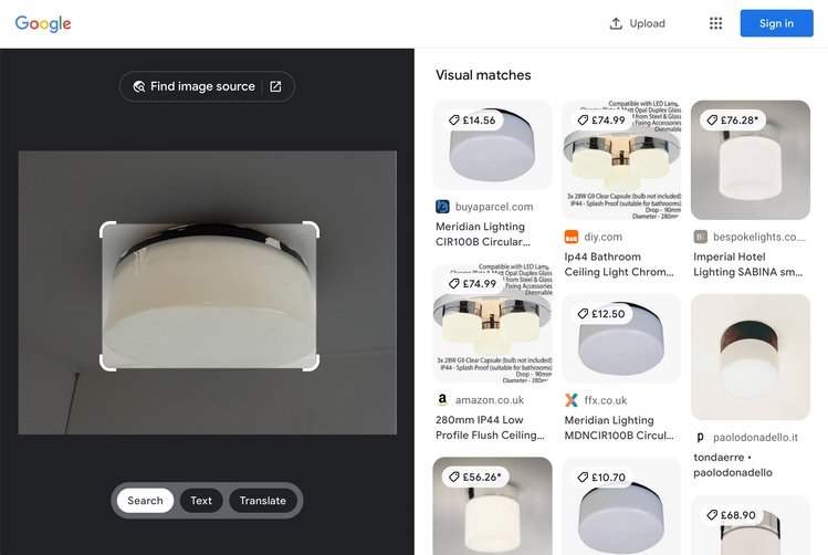 A screenshot of Google Lens results. On the left-hand side is my original photograph; on the right-hand side is a collection of visual matches, with links to shopping sites. Three of the nine results are exactly the same as my light, but the product photo is taken from a different angle.